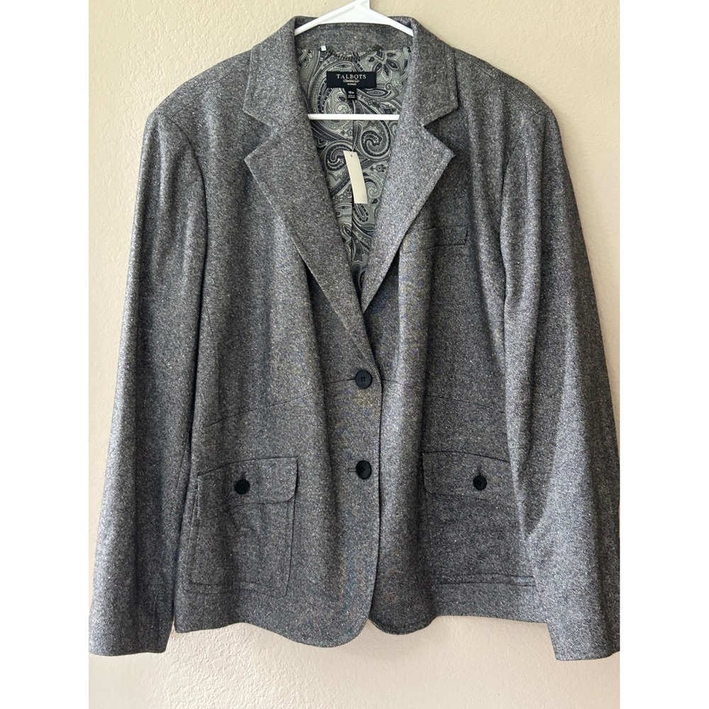 NWT Talbots Woman Grey Tweed Wool Blend Paisley Lined Blazer Jacket 18W